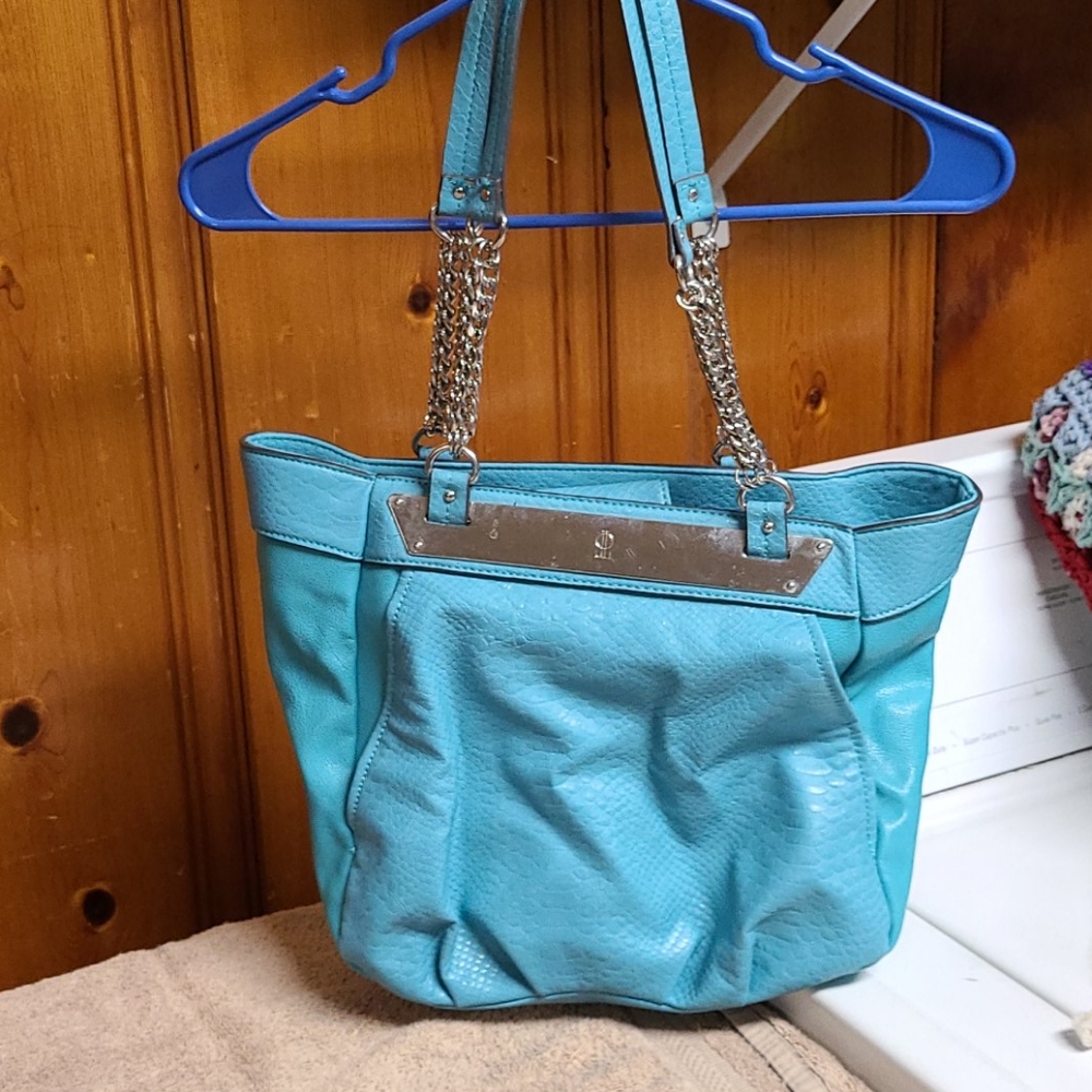 Aqua purse with chain handles